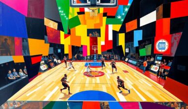 A fragmented, geometric painting depicting the movements and interactions of basketball players on a court, using bold colors and angular shapes to convey the fast-paced nature of the game.