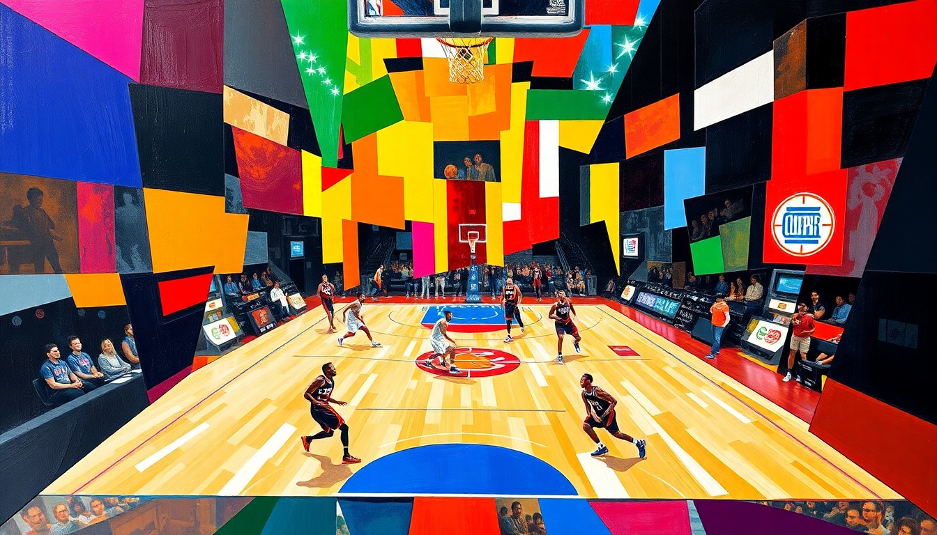 A fragmented, geometric painting depicting the movements and interactions of basketball players on a court, using bold colors and angular shapes to convey the fast-paced nature of the game.