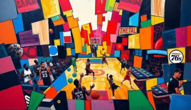A cubist, geometric painting depicting the chaotic final moments of a close basketball game, with overlapping planes of color representing the players and action on the court.