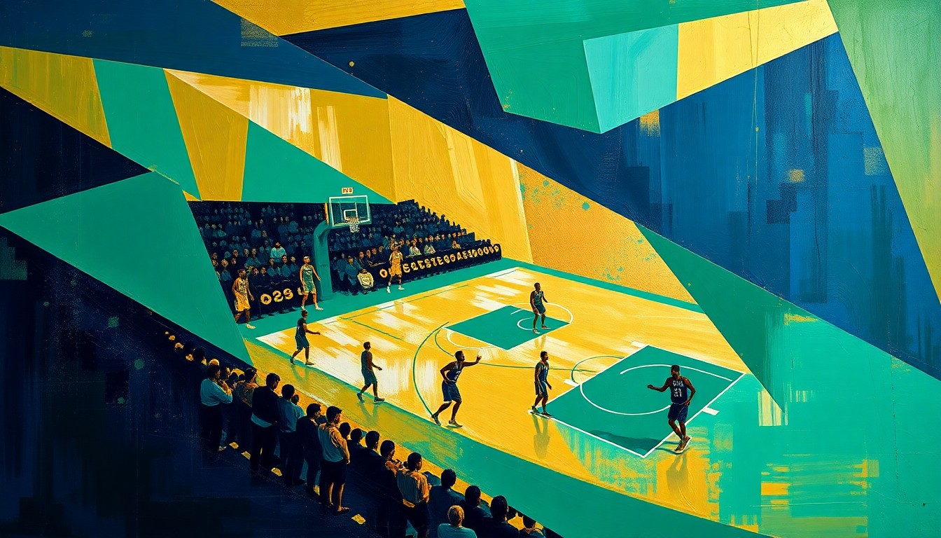 A cubist, geometric painting depicting a fragmented basketball game, with sharp planes of navy, green, and gold colors overlapping to create a dynamic, abstract composition.