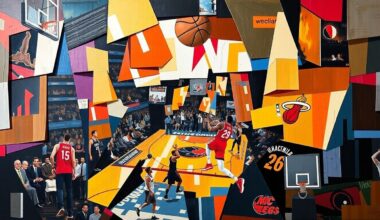 A fragmented, geometric painting depicting a basketball game, with players and the court broken down into sharp, overlapping shapes and planes of color, conveying the fast-paced action and high stakes of the contest.