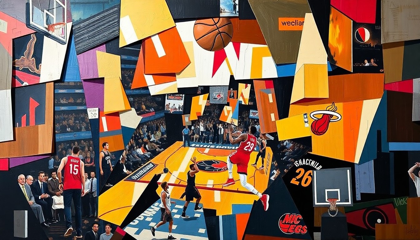 A fragmented, geometric painting depicting a basketball game, with players and the court broken down into sharp, overlapping shapes and planes of color, conveying the fast-paced action and high stakes of the contest.