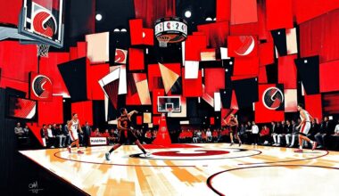 A fragmented, geometric painting in vibrant red, black, and white hues, depicting a conceptual basketball court scene broken down into sharp, overlapping planes, representing the transition of the Portland Trail Blazers to new ownership.