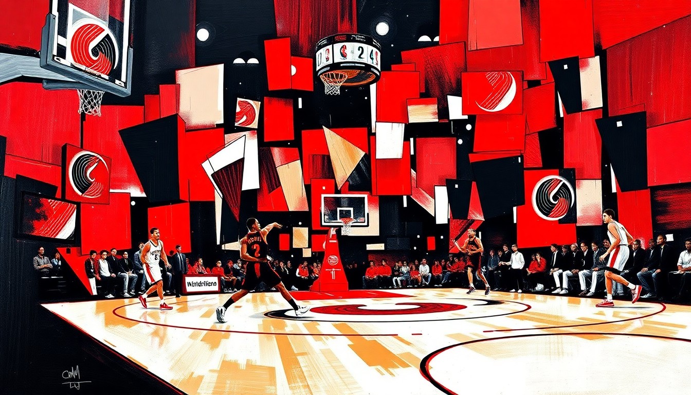 A fragmented, geometric painting in vibrant red, black, and white hues, depicting a conceptual basketball court scene broken down into sharp, overlapping planes, representing the transition of the Portland Trail Blazers to new ownership.