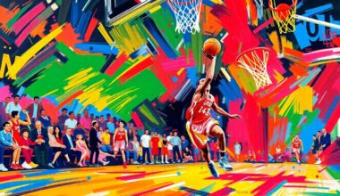 An abstract, expressionist painting in neon colors depicting the dynamic motion and energy of a basketball game, with players