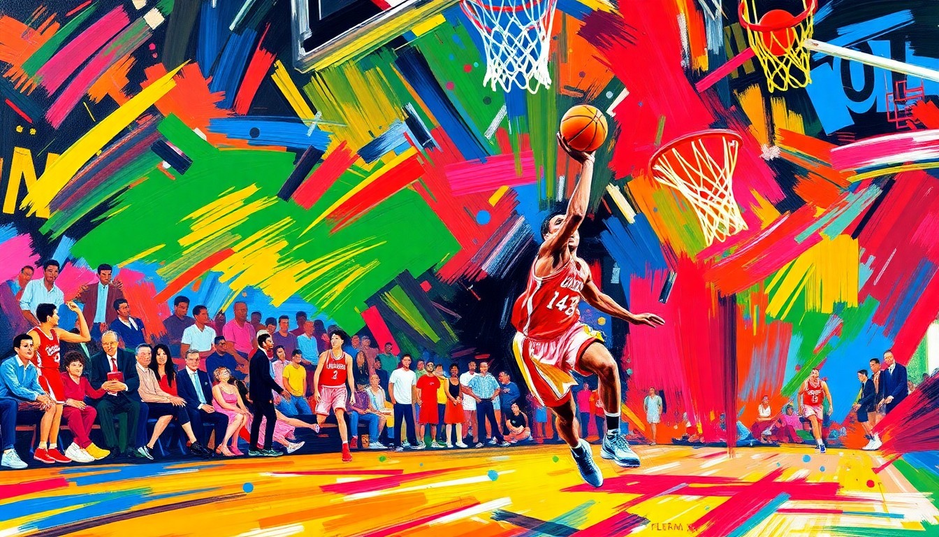 An abstract, expressionist painting in neon colors depicting the dynamic motion and energy of a basketball game, with players