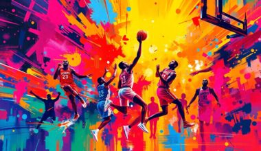 An abstract, expressionist painting in vibrant neon colors capturing the raw energy and motion of a high-scoring NBA basketball game, with players