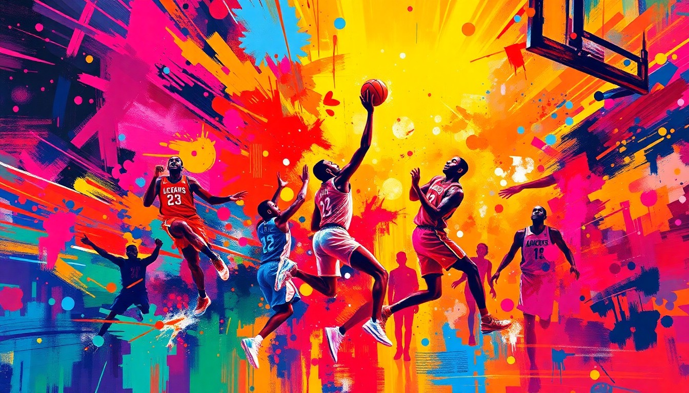 An abstract, expressionist painting in vibrant neon colors capturing the raw energy and motion of a high-scoring NBA basketball game, with players