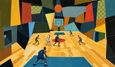 A cubist, geometric painting depicting the fragmented action of a basketball game, with angular shapes representing the players and court in an abstract, deconstructed style.