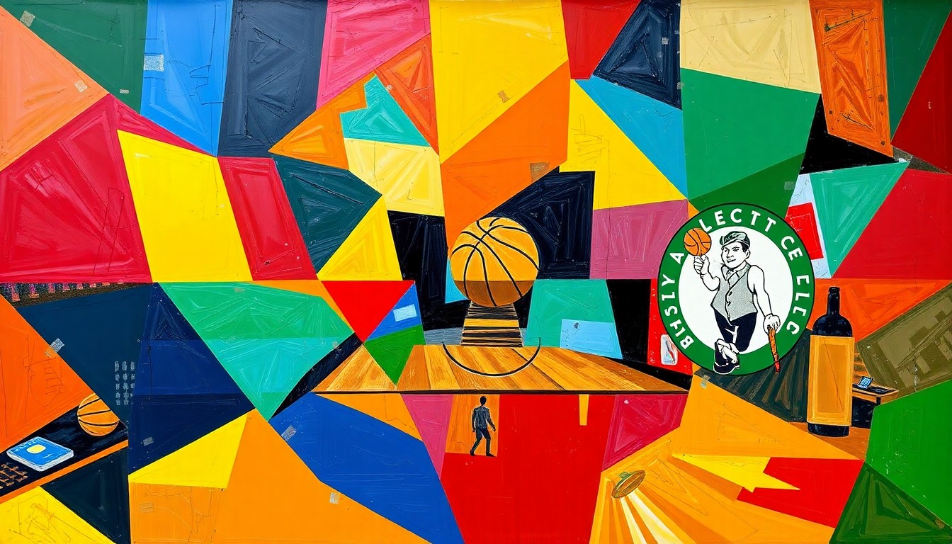 A cubist, geometric painting depicting an abstract basketball game, with overlapping planes of the Atlanta Hawks
