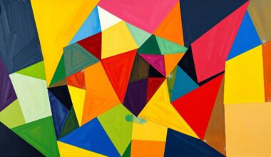 A cubist-style painting depicting a basketball game broken down into overlapping geometric shapes and planes of color, representing the dynamic action and competition of the match.