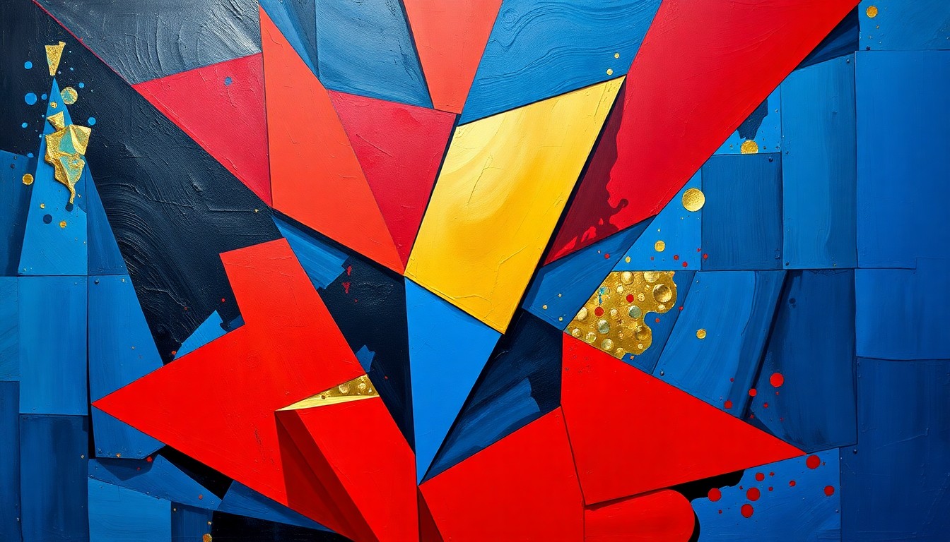 A fractured, cubist-style painting depicting the dynamic movements and statistics of basketball player Victor Wembanyama, with overlapping geometric shapes and planes of bright, vibrant colors.