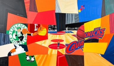 A fractured, cubist-style painting depicting a basketball game or match, with sharp, overlapping geometric shapes in the team colors of the Boston Celtics, Detroit Pistons, New York Knicks, and Cleveland Cavaliers, conceptually representing the competitive and unpredictable nature of the 2026 Eastern Conference playoff race.