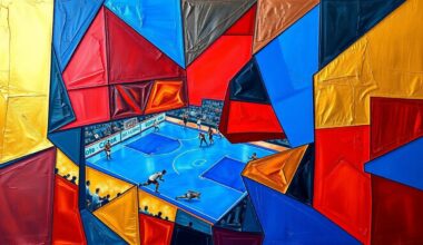 A fractured, geometric painting in bold colors depicting the abstract shapes and angles of a sports competition, capturing the raw energy and motion of the game.