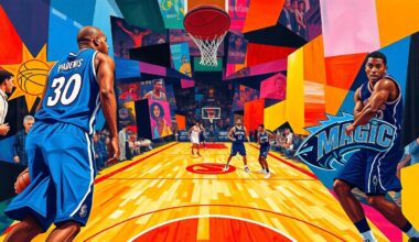 A cubist, geometric painting depicting a basketball game, with sharp planes of color representing the players and action on the court.