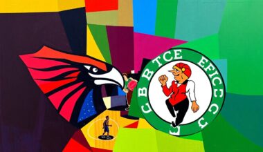 A cubist, geometric painting depicting an abstract basketball game, with overlapping shapes and planes in the official team colors of the Atlanta Hawks and Boston Celtics.