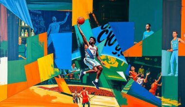 A fractured, multi-perspective painting in vibrant colors depicting the movements and energy of a basketball game or Giannis Antetokounmpo, with sharp, overlapping geometric planes that deconstruct the action.