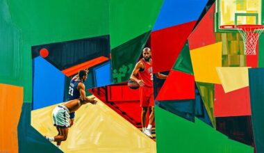 A cubist, geometric painting depicting a fragmented basketball court scene, with sharp planes of green, blue, and red representing the dynamic energy and strategic complexity of coaching at the highest level.