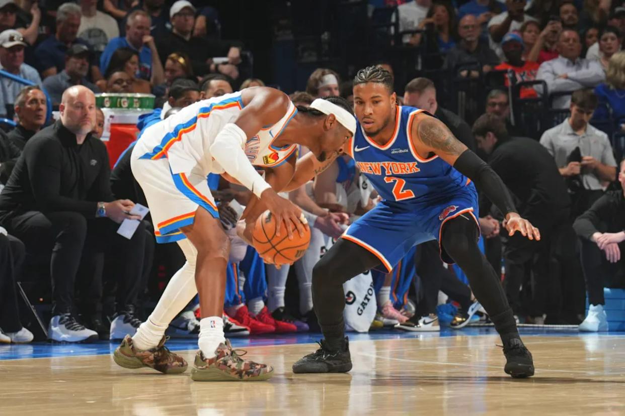 An image collage containing 1 images, Image 1 shows Miles McBride of the New York Knicks guards Shai Gilgeous-Alexander of the Oklahoma City Thunder