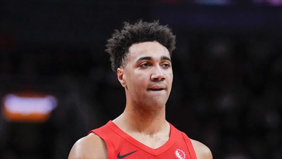 Toronto Raptors forward Trayce Jackson-Davis looks on against the Indiana Pacers