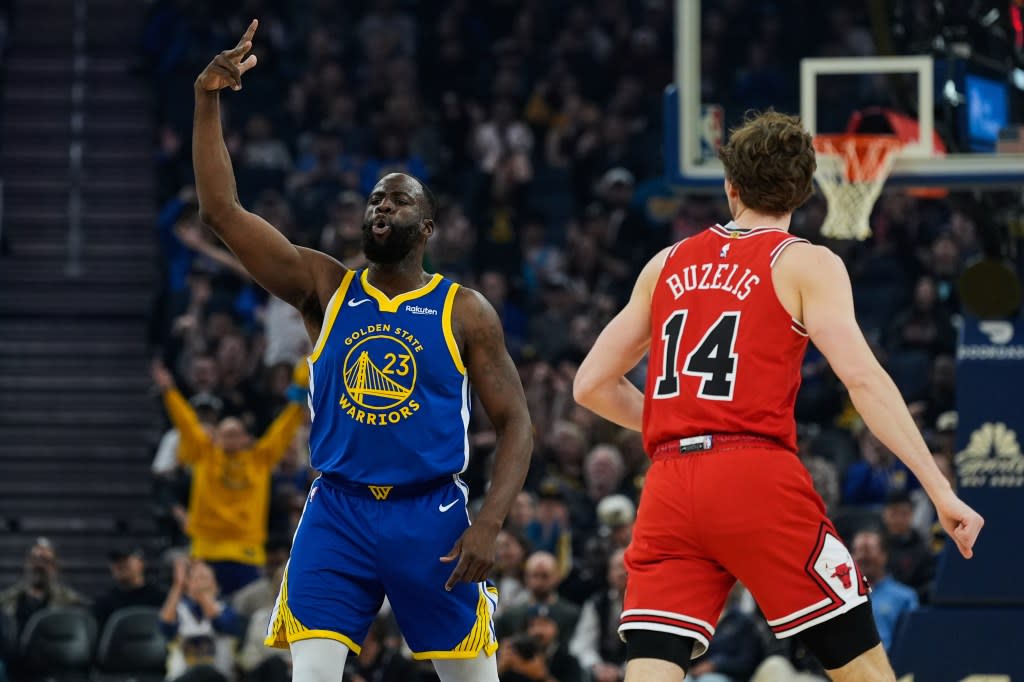 Draymond Green celebrates a 3-pointer against the Bulls. AP