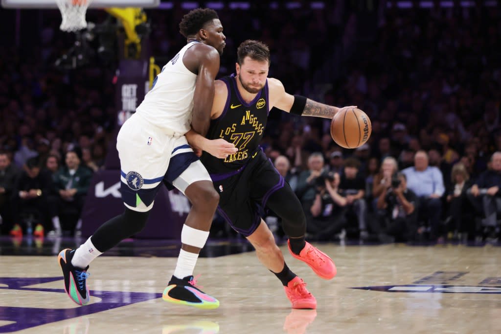 Luka Dončić drives to the basket during the Lakers’ 120-106 win over the Timberwolves on March 10, 2026. AP