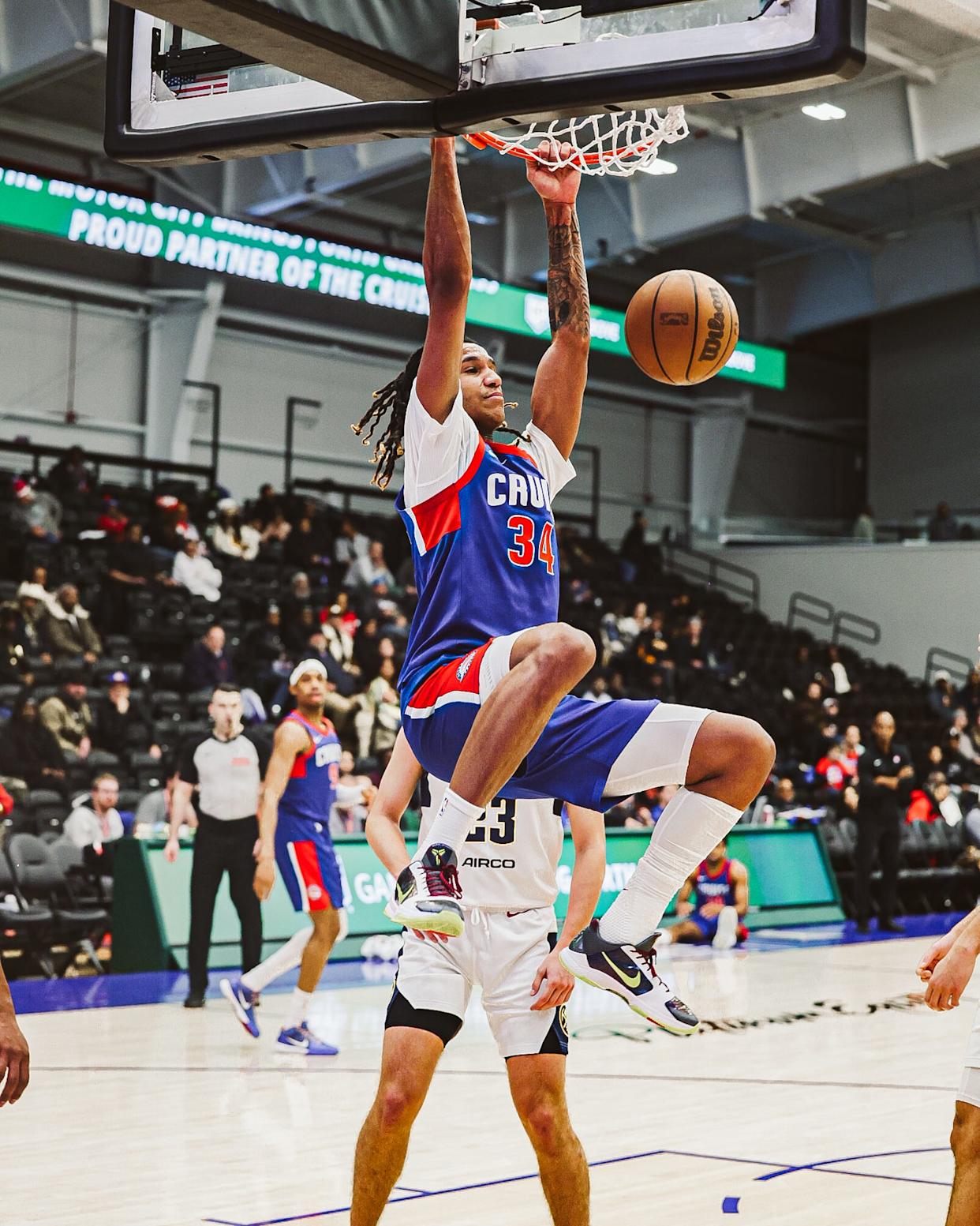 Rim-rocking dunks delivered by Motor City Cruise players like Bobi Klintman (No. 34) at home games at the Wayne State Fieldhouse is just one part of the overall excitement and activities that the Cruise organization serves up to the Detroit community.