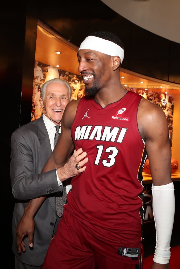 Bam Adebayo (13) and Pat Riley smiles after the game against the Washington Wizards on March 10, 2026 at Kaseya Center in Miami, Florida. NBAE via Getty Images