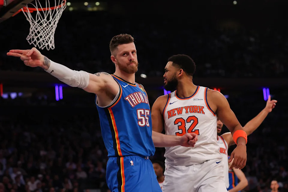 NEW YORK, NEW YORK - MARCH 04: Isaiah Hartenstein #55 of the Oklahoma City Thunder reacts to a call during the second quarter against the New York Knicks at Madison Square Garden on March 04, 2026 in New York City. NOTE TO USER: User expressly acknowledges and agrees that, by downloading and or using this photograph, user is consenting to the terms and conditions of the Getty Images License Agreement. (Photo by Ishika Samant/Getty Images)