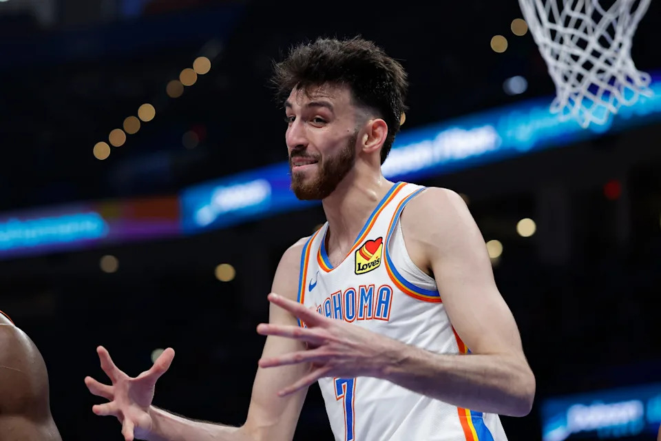 Mar 29, 2026; Oklahoma City, Oklahoma, USA; Oklahoma City Thunder center Chet Holmgren (7) gestures after a play against the New York Knicks during the first half at Paycom Center. Mandatory Credit: Alonzo Adams-Imagn Images