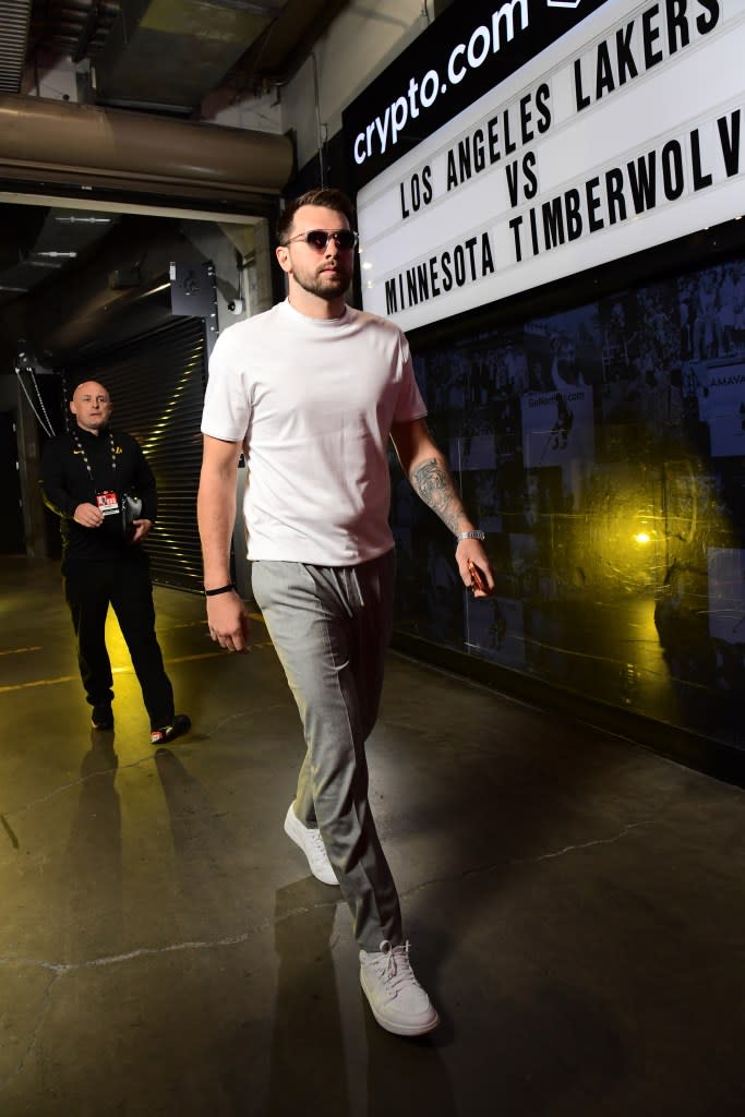 Luka Doncic arriving at Crypto.com Arena for a game against the Minnesota Timberwolves. NBAE via Getty Images