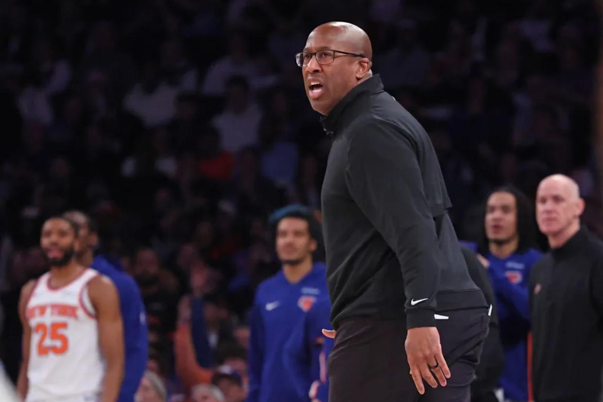 An image collage containing 1 images, Image 1 shows New York Knicks head coach Mike Brown reacts after New York Knicks guard Jalen Brunson (11) is knocked down and gets no call during the first quarter