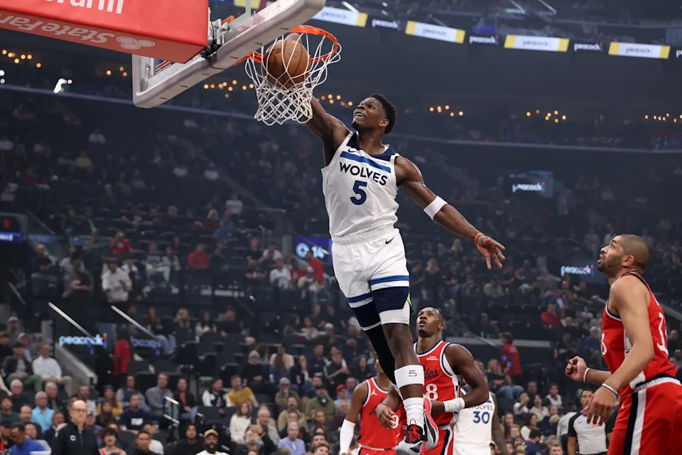 Minnesota Timberwolves guard Anthony Edwards (5) dunks the ball during the first quarter against the Los Angeles Clippers at Intuit Dome in Inglewood, California, on Feb. 26, 2026.