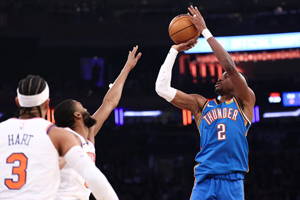 Mar 4, 2026; New York, New York, USA; Oklahoma City Thunder guard Shai Gilgeous-Alexander (2) shoots the ball against the New York Knicks during the first half at Madison Square Garden. Mandatory Credit: Vincent Carchietta-Imagn Images