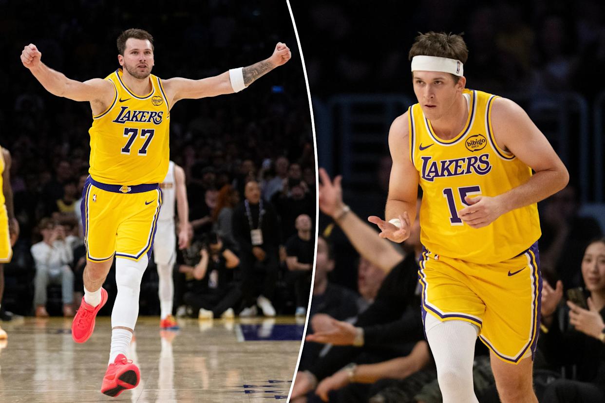An image collage containing 2 images, Image 1 shows Luka Doncic in a yellow Lakers jersey with his arms raised, celebrating on the court, Image 2 shows Austin Reaves on the basketball court