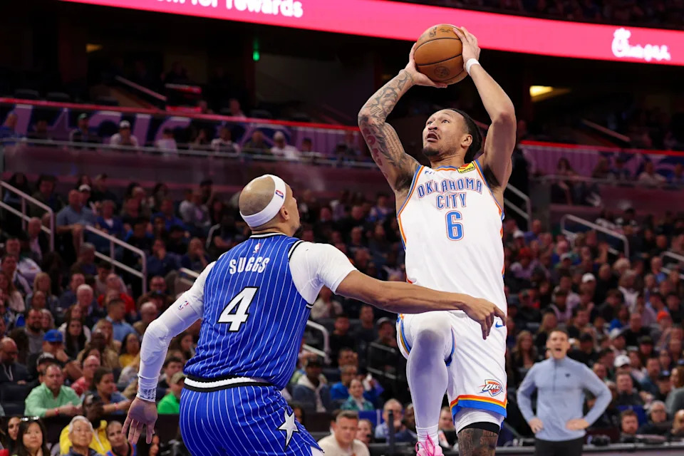 Mar 17, 2026; Orlando, Florida, USA; Oklahoma City Thunder forward Jaylin Williams (6) shoots the ball over Orlando Magic guard Jalen Suggs (4) in the third quarter at Kia Center. Mandatory Credit: Nathan Ray Seebeck-Imagn Images