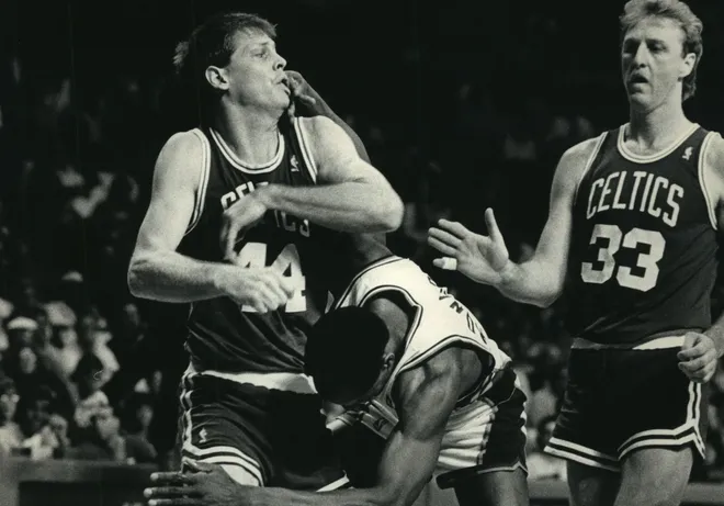 1987: Boston's Danny Ainge (left) and Milwaukee's Sidney Moncrief tangle as Larry Bird looks on during second-quarter action in Game 6 of the Eastern Conference semifinals at the Milwaukee Arena on May 15, 1987. The Bucks won the game, 121-111, but the Celtics game back and won Game 7 and the series the following day. This photo was published in the May 16, 1987, Milwaukee Journal.
Milwaukee Bucks 1986-'87