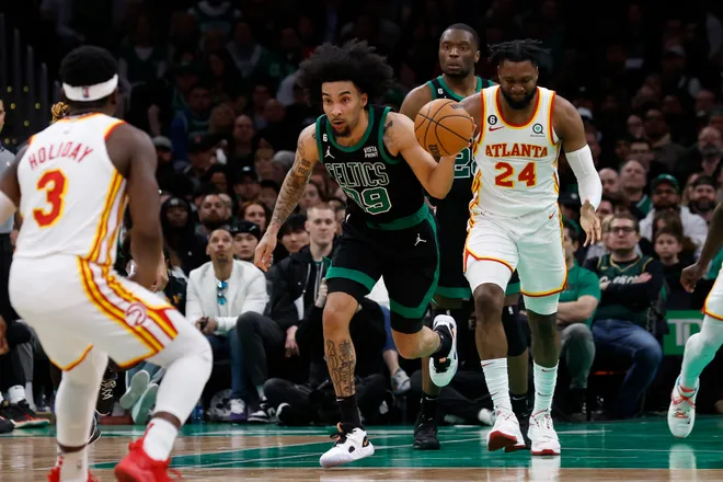 BOSTON, MA - APRIL 9: Justin Champagnie #99 of the Boston Celtics during the second half against the Atlanta Hawks at TD Garden on April 9, 2023 in Boston, Massachusetts. NOTE TO USER: User expressly acknowledges and agrees that, by downloading and/or using this Photograph, user is consenting to the terms and conditions of the Getty Images License Agreement. (Photo By Winslow Townson/Getty Images)
