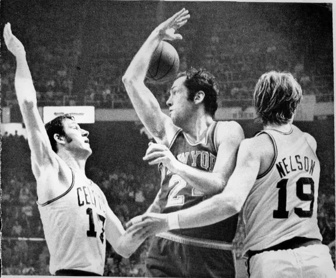 One of the few New York miscues in Thursday's 116-94 defeat of the Celtics in the second period when John Havlicek left, and Dave Cowens forced Bill Bradley to give up the ball. The second game of the series is Sunday in New York. Boston Herald file photo
04/15/1972