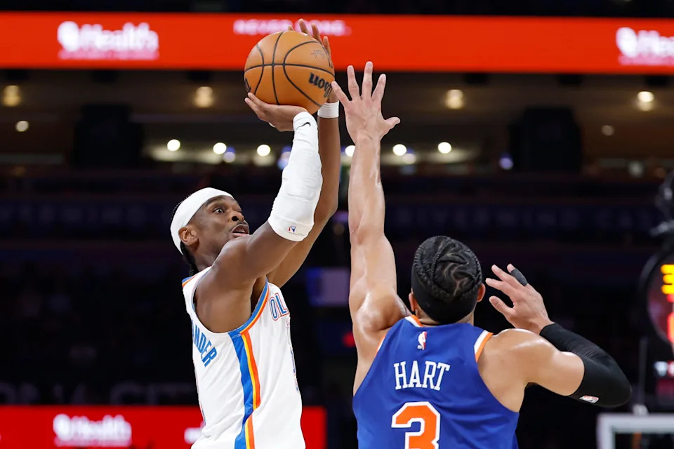 Mar 29, 2026; Oklahoma City, Oklahoma, USA; Oklahoma City Thunder guard Shai Gilgeous-Alexander (2) shoots as New York Knicks guard Josh Hart (3) defends during the second half at Paycom Center. Mandatory Credit: Alonzo Adams-Imagn Images