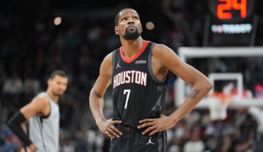 Feb 19, 2026; Charlotte, North Carolina, USA; Houston Rockets forward Kevin Durant (7) talks with head coach Ime Udoka during the second quarter against the Charlotte Hornets at Spectrum Center