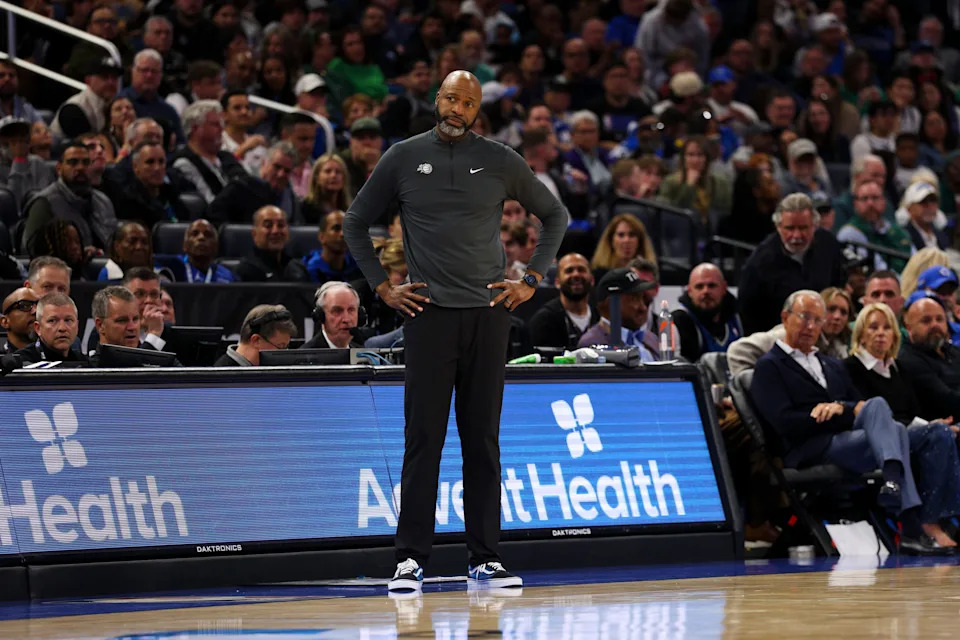 Mar 17, 2026; Orlando, Florida, USA; Orlando Magic head coach Jamahl Mosley looks on against the Oklahoma City Thunder in the fourth quarter at Kia Center. Mandatory Credit: Nathan Ray Seebeck-Imagn Images
