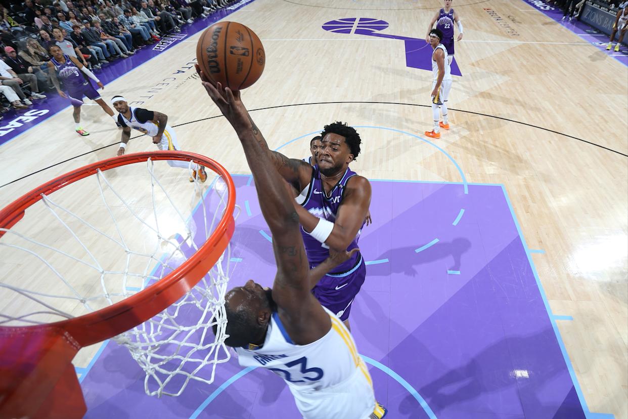 SALT LAKE CITY, UT – MARCH 9: Brice Sensabaugh #28 of the Utah Jazz drives to the basket during the game against the Golden State Warriors on March 9, 2026...