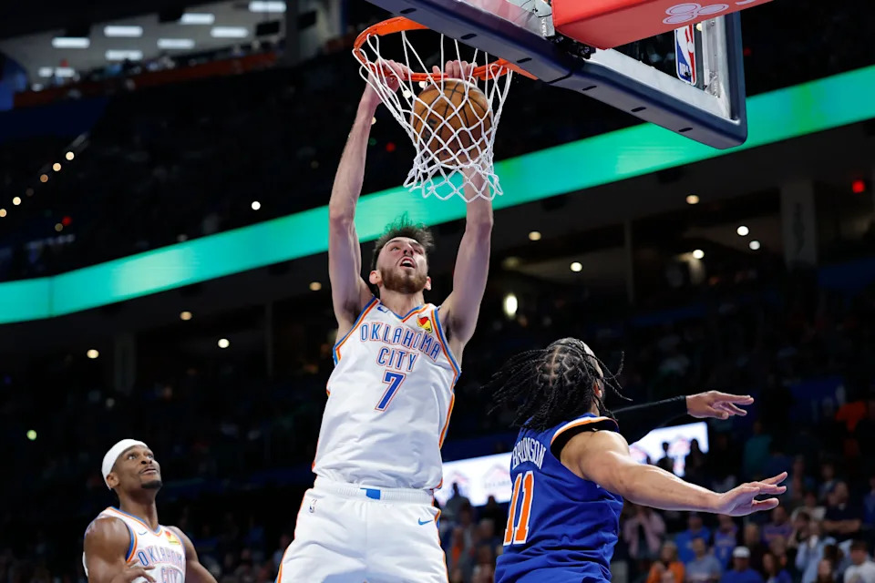 Mar 29, 2026; Oklahoma City, Oklahoma, USA; Oklahoma City Thunder center Chet Holmgren (7) dunks in front of New York Knicks guard Jalen Brunson (11) during the second half at Paycom Center. Mandatory Credit: Alonzo Adams-Imagn Images