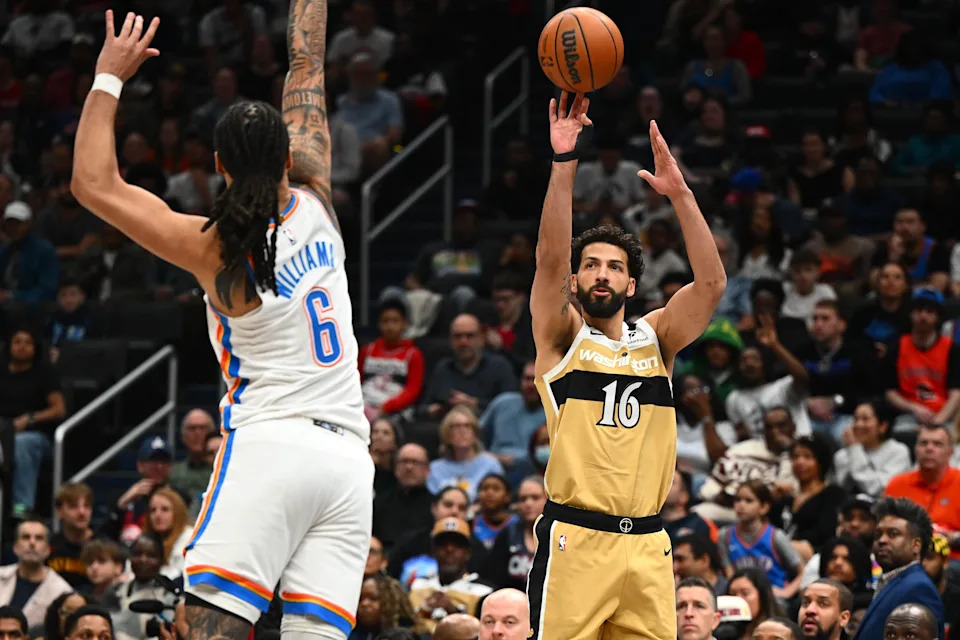 Mar 21, 2026; Washington, District of Columbia, USA; Washington Wizards forward Anthony Gill (16) shoots over Oklahoma City Thunder forward Jaylin Williams (6) during the first half at Capital One Arena. Mandatory Credit: Brad Mills-Imagn Images