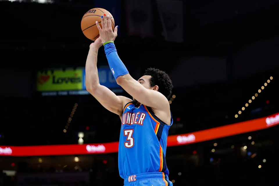 Mar 9, 2026; Oklahoma City, Oklahoma, USA; Oklahoma City Thunder guard Jared McCain (3) shoots a three point basket against the Denver Nuggets during the second half at Paycom Center. Mandatory Credit: Alonzo Adams-Imagn Images