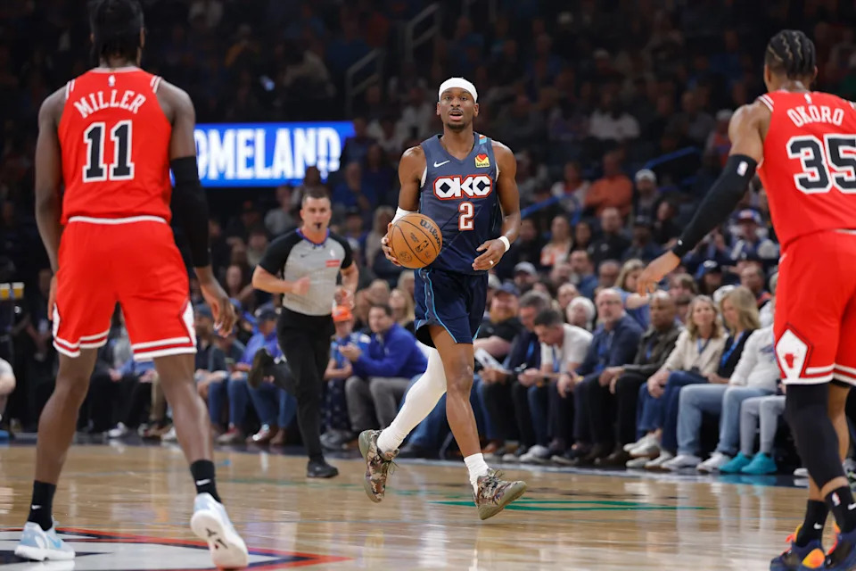 Mar 27, 2026; Oklahoma City, Oklahoma, USA; Oklahoma City Thunder guard Shai Gilgeous-Alexander (2) dribbles down the court against the Chicago Bulls during the first quarter at Paycom Center. Mandatory Credit: Alonzo Adams-Imagn Images