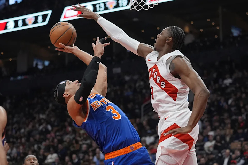 Mar 3, 2026; Toronto, Ontario, CAN; Toronto Raptors forward RJ Barrett (9) blocks a shot attempt by New York Knicks forward Josh Hart (3) during the first half at Scotiabank Arena. Mandatory Credit: John E. Sokolowski-Imagn Images | John E. Sokolowski-Imagn Images