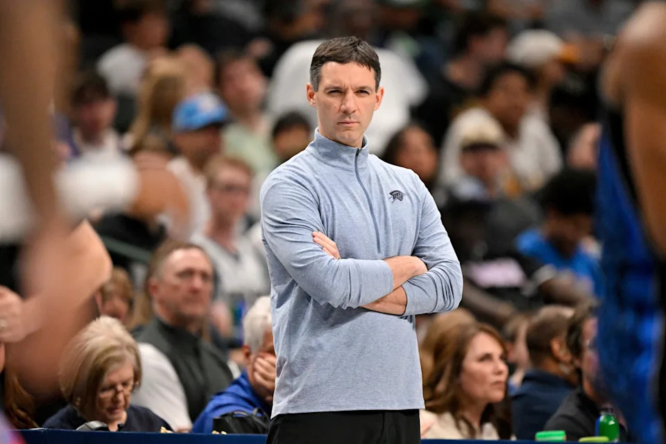 Mar 1, 2026; Dallas, Texas, USA; Oklahoma City Thunder head coach Mark Daigneault looks on during the second quarter against the Dallas Mavericks at the American Airlines Center. Mandatory Credit: Jerome Miron-Imagn Images