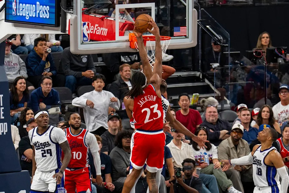 Los Angeles Clippers forward Isaiah Jackson (23) gets blocked at the rim during an NBA basketball game against the Sacramento Kings, Saturday March 14th, 2026 in Los Angeles, California.
